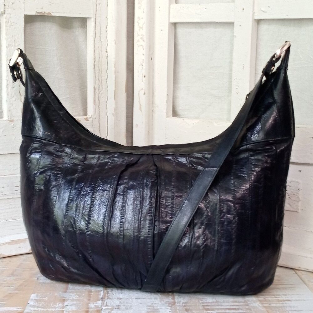 1980s Bentley Brand Black Eel Skin Leather Hobo Shoulder Bag Purse Indie Sleaze